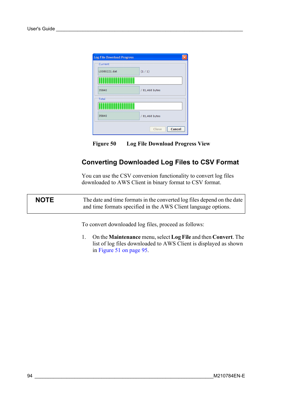 Converting downloaded log files to csv format, Figure 50, Log file download progress view | Vaisala Hydromet Data Collection Platform User Manual | Page 96 / 160