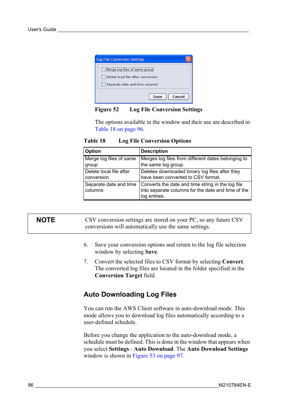 Auto downloading log files, Figure 52, Log file conversion settings | Table 18, Log file conversion options | Vaisala Hydromet Data Collection Platform User Manual | Page 98 / 160