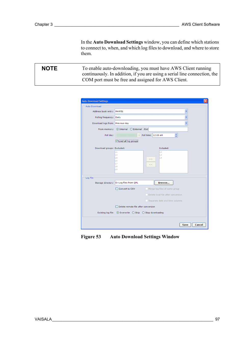 Figure 53, Auto download settings window | Vaisala Hydromet Data Collection Platform User Manual | Page 99 / 160