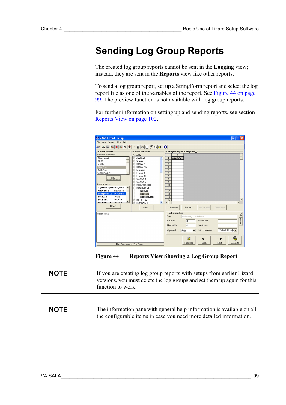 Sending log group reports, Figure 44, Reports view showing a log group report | Vaisala Hydromet Data Collection Platform User Manual | Page 101 / 218