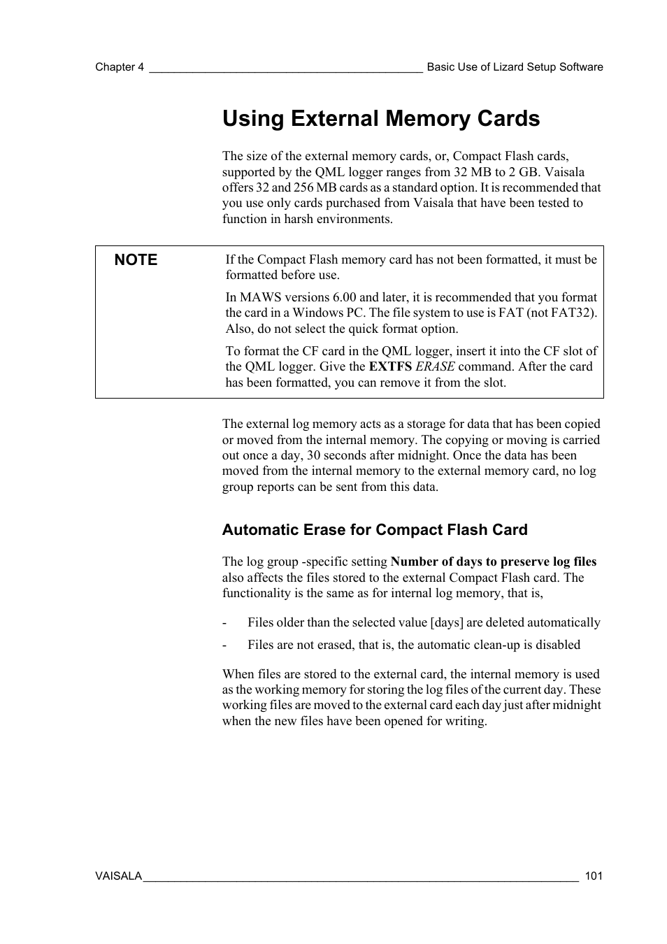 Using external memory cards, Automatic erase for compact flash card | Vaisala Hydromet Data Collection Platform User Manual | Page 103 / 218