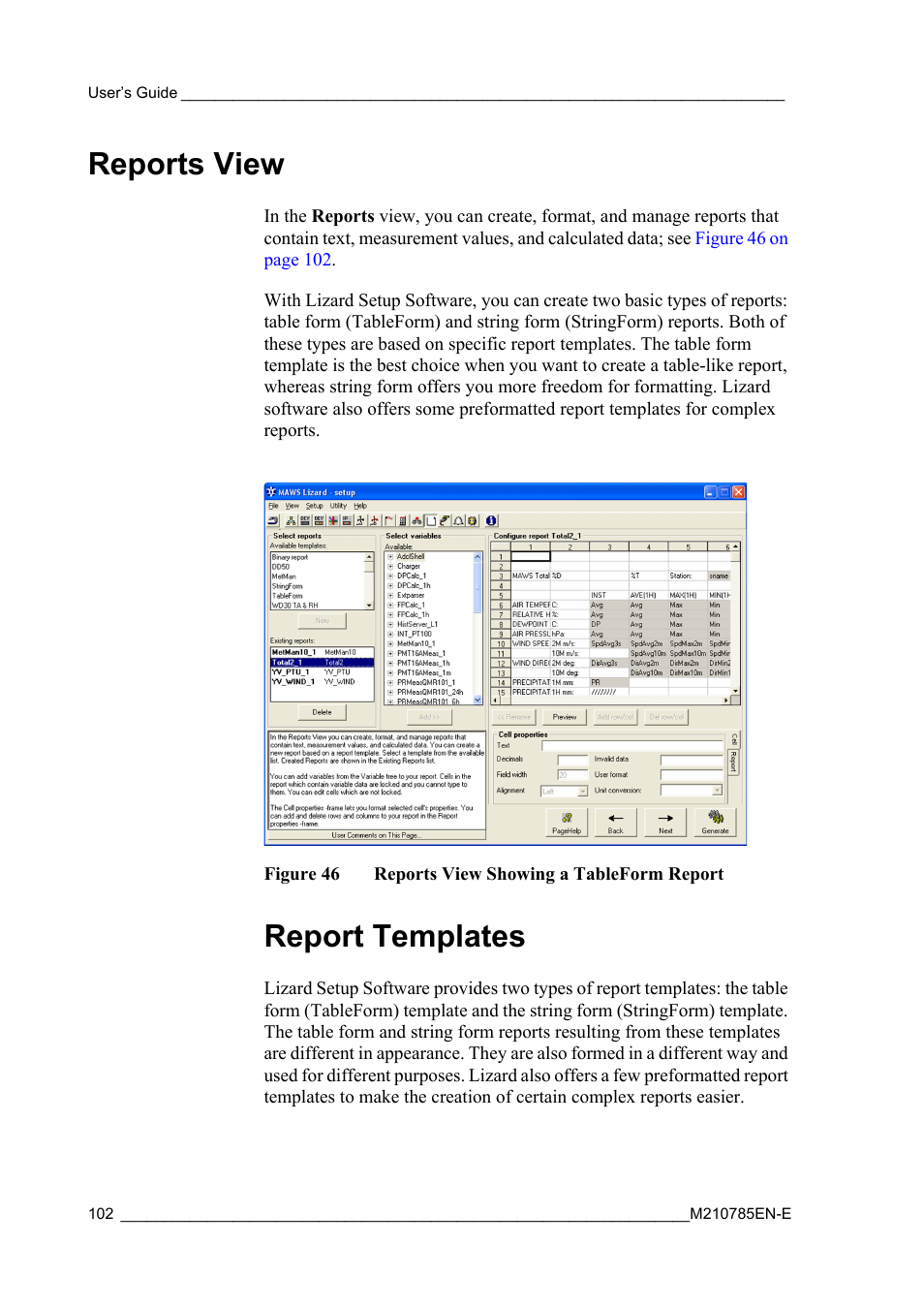 Reports view, Report templates, Figure 46 | Reports view showing a tableform report | Vaisala Hydromet Data Collection Platform User Manual | Page 104 / 218