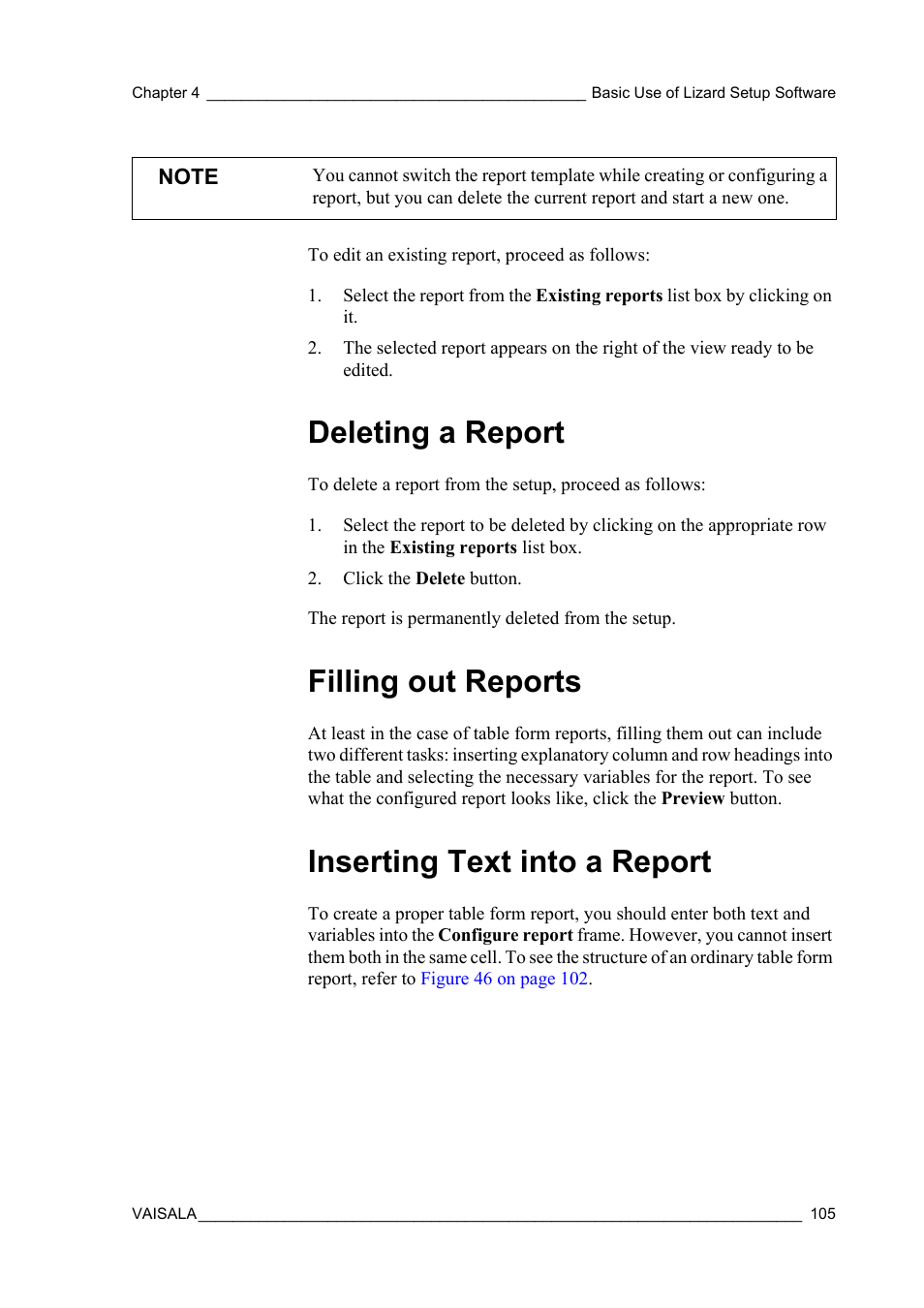 Deleting a report, Filling out reports, Inserting text into a report | Vaisala Hydromet Data Collection Platform User Manual | Page 107 / 218