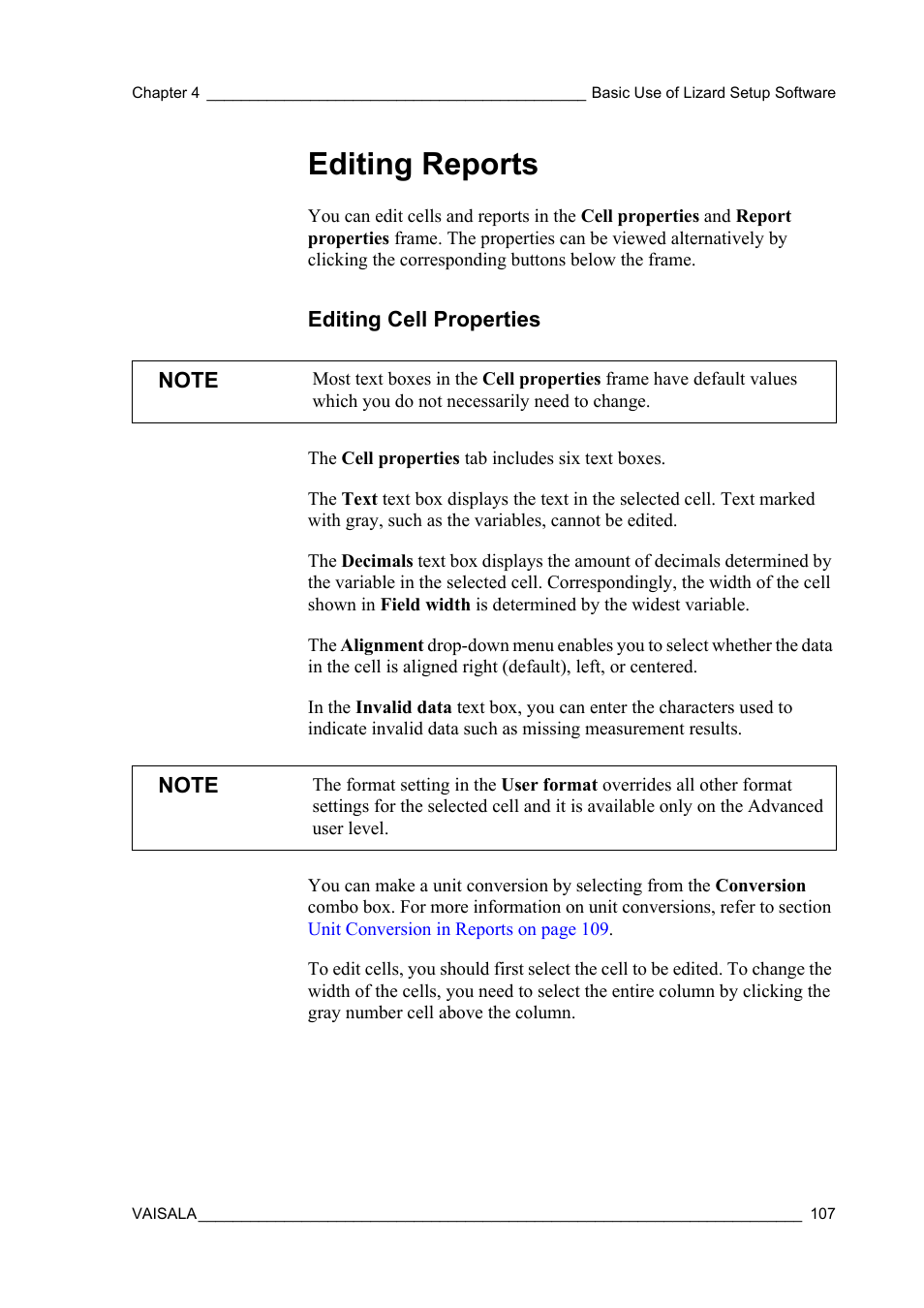 Editing reports, Editing cell properties | Vaisala Hydromet Data Collection Platform User Manual | Page 109 / 218