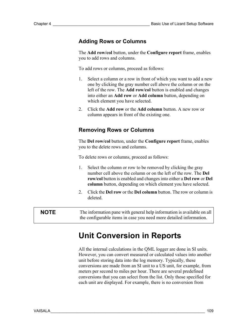 Adding rows or columns, Removing rows or columns, Unit conversion in reports | Adding rows or columns removing rows or columns | Vaisala Hydromet Data Collection Platform User Manual | Page 111 / 218