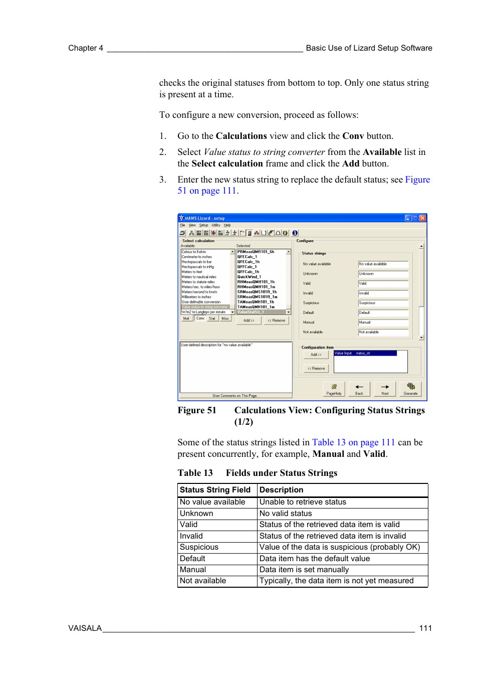 Figure 51, Table 13, Fields under status strings | Vaisala Hydromet Data Collection Platform User Manual | Page 113 / 218