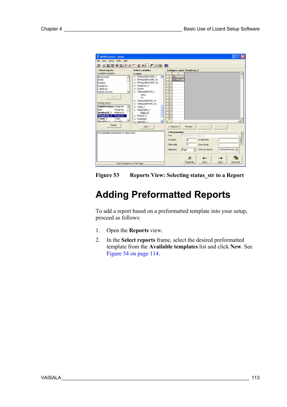 Adding preformatted reports, Figure 53, Reports view: selecting status_str to a report | Preformatted reports, see section | Vaisala Hydromet Data Collection Platform User Manual | Page 115 / 218