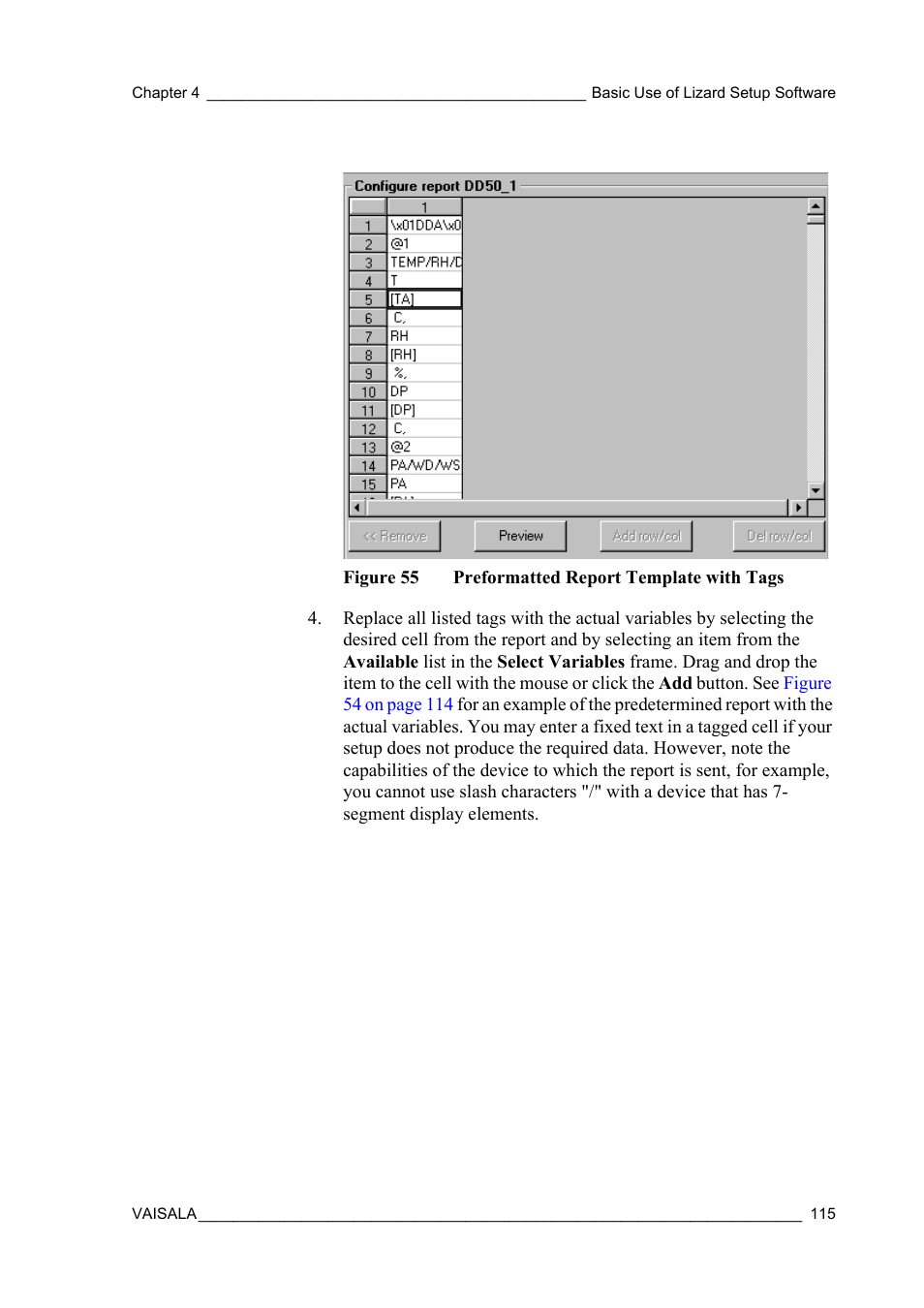 Figure 55, Preformatted report template with tags | Vaisala Hydromet Data Collection Platform User Manual | Page 117 / 218