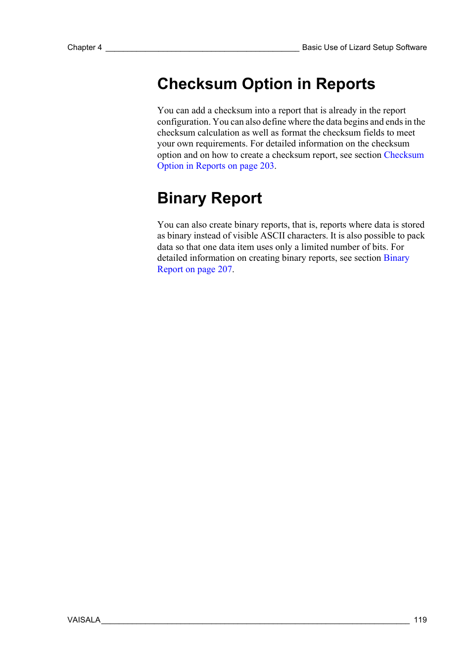 Checksum option in reports, Binary report, Checksum option in reports binary report | Vaisala Hydromet Data Collection Platform User Manual | Page 121 / 218