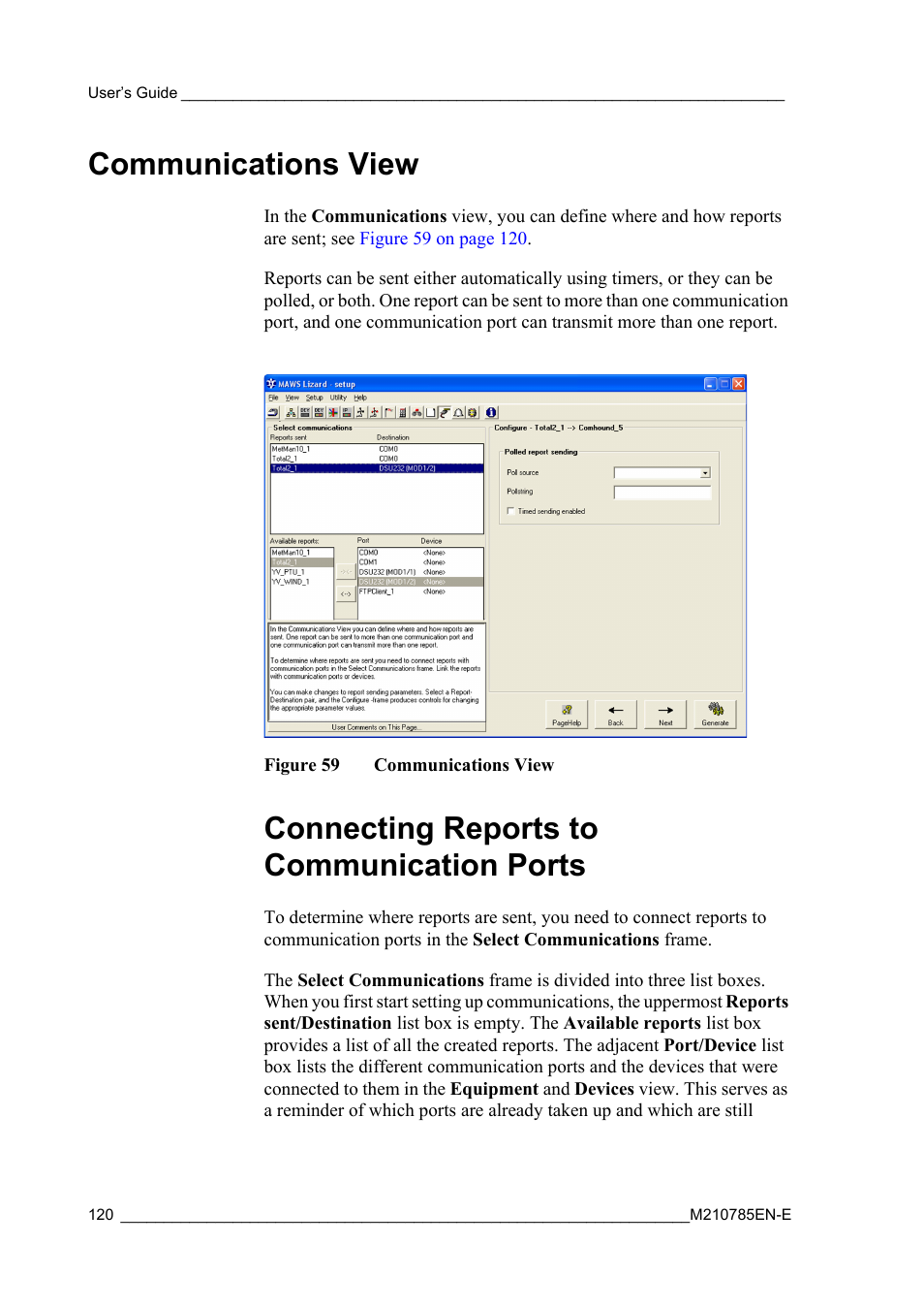 Communications view, Connecting reports to communication ports, Figure 59 | Communications view on | Vaisala Hydromet Data Collection Platform User Manual | Page 122 / 218