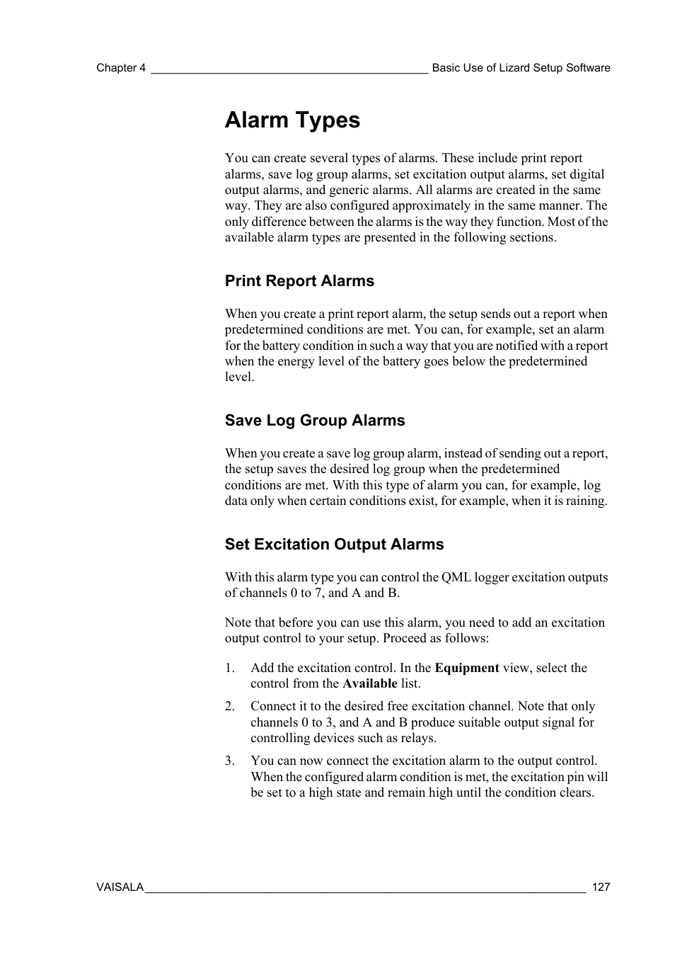 Alarm types, Print report alarms, Save log group alarms | Set excitation output alarms | Vaisala Hydromet Data Collection Platform User Manual | Page 129 / 218