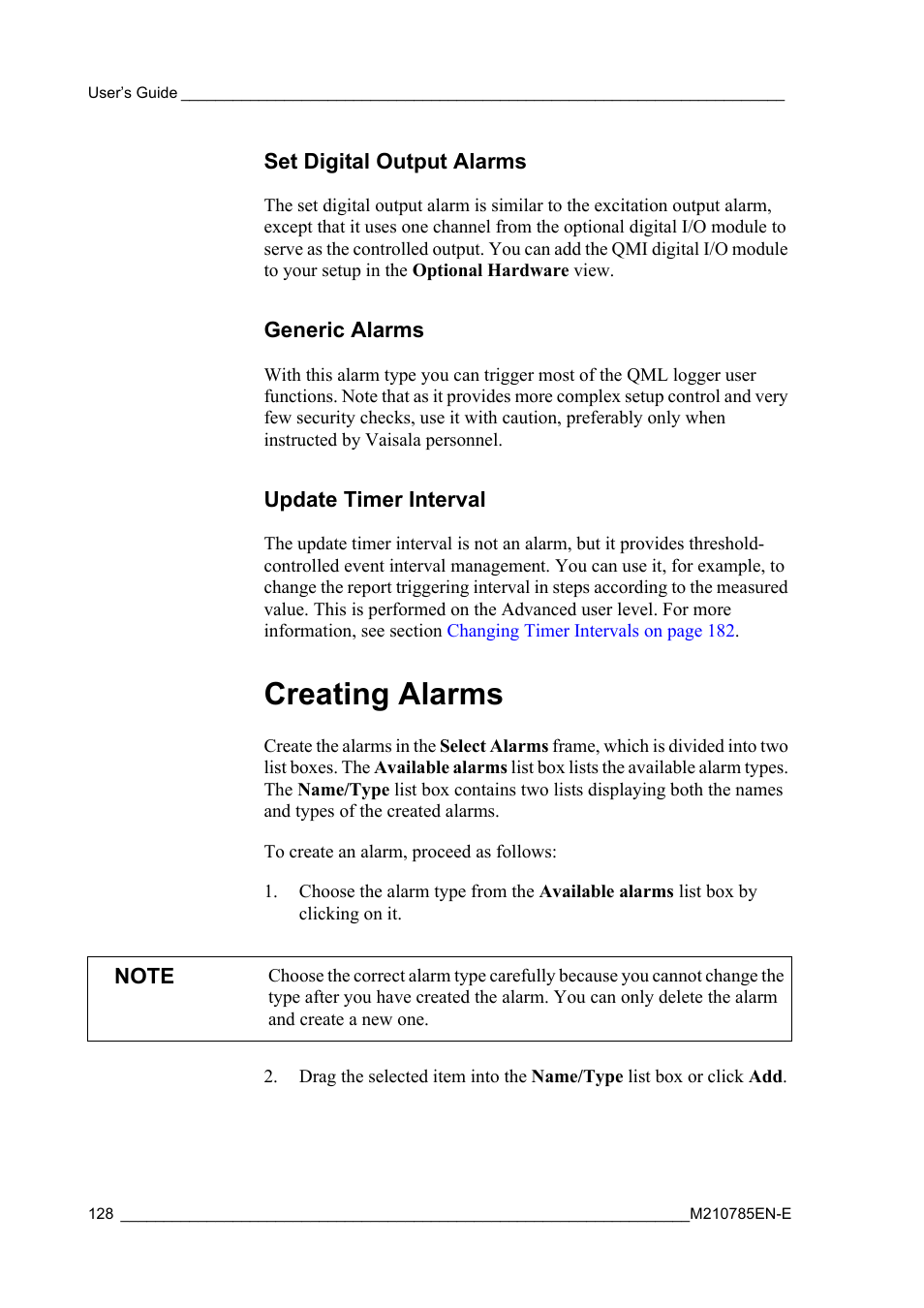 Set digital output alarms, Generic alarms, Update timer interval | Creating alarms | Vaisala Hydromet Data Collection Platform User Manual | Page 130 / 218