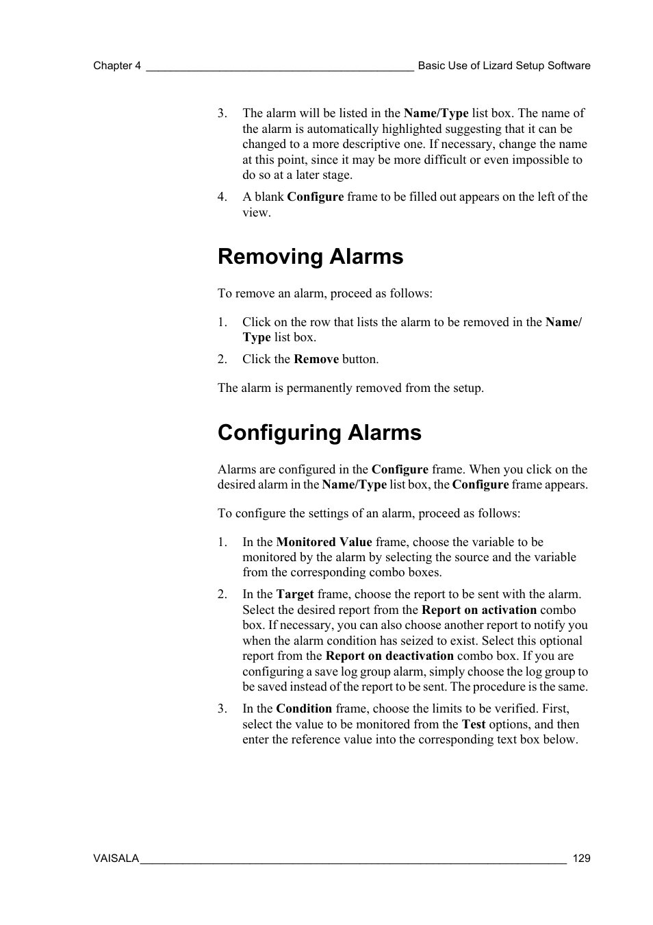 Removing alarms, Configuring alarms, Removing alarms configuring alarms | Vaisala Hydromet Data Collection Platform User Manual | Page 131 / 218