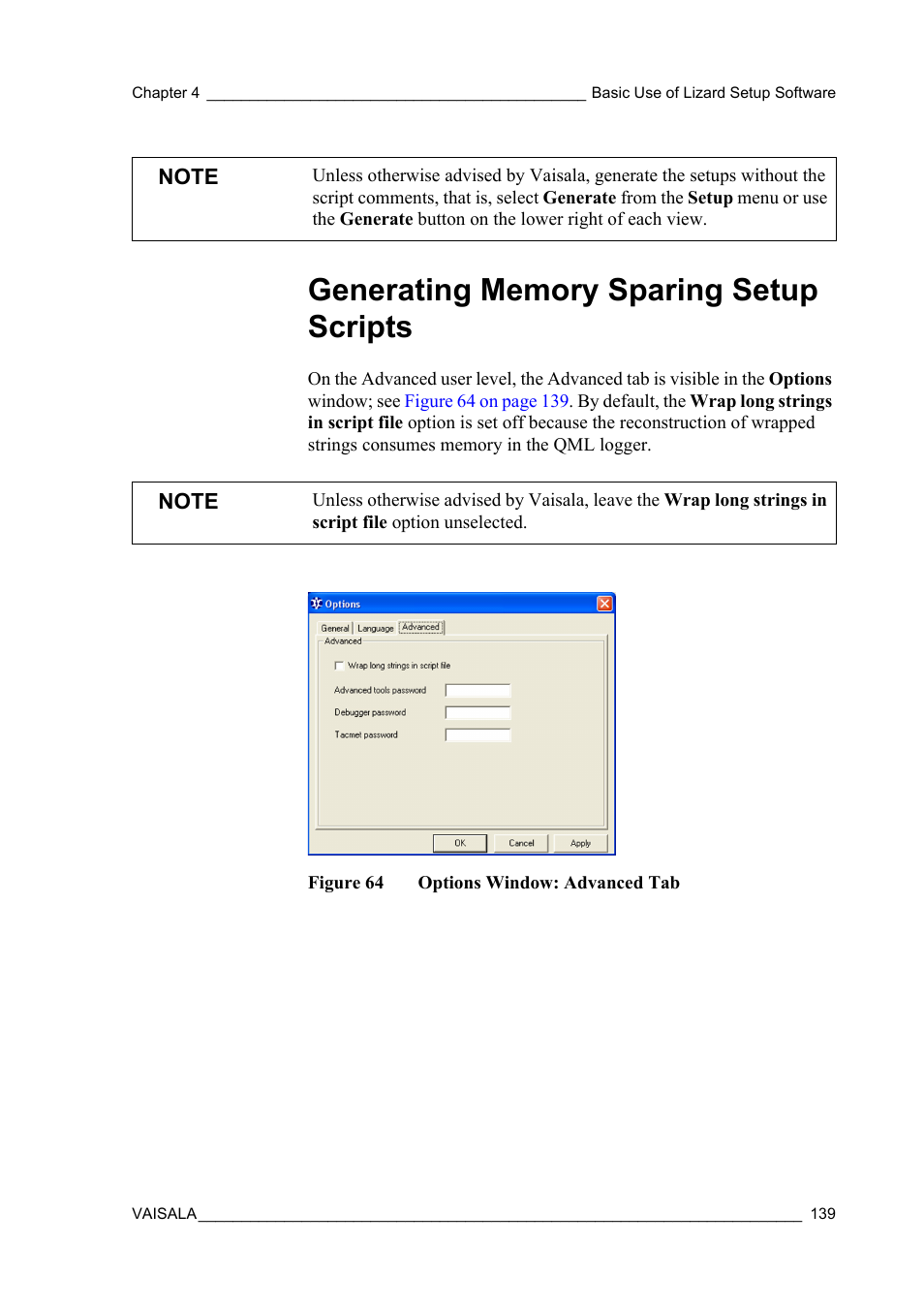 Generating memory sparing setup scripts, Figure 64, Options window: advanced tab | Vaisala Hydromet Data Collection Platform User Manual | Page 141 / 218