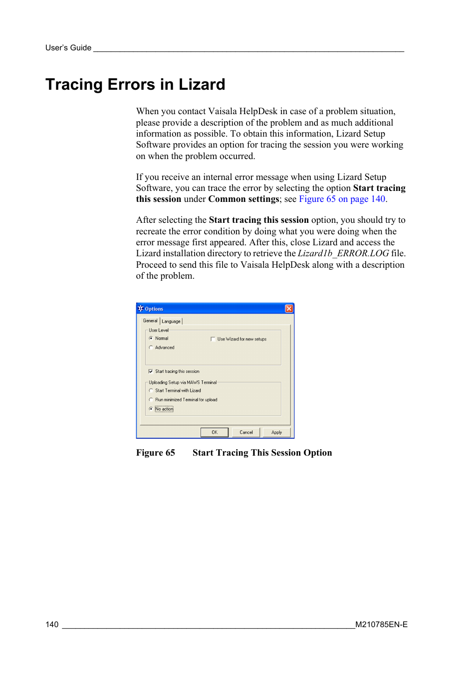Tracing errors in lizard, Figure 65, Start tracing this session option | Vaisala Hydromet Data Collection Platform User Manual | Page 142 / 218