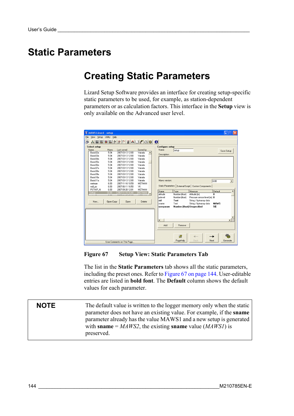 Static parameters, Creating static parameters, Figure 67 | Setup view: static parameters tab, Static parameters creating static parameters | Vaisala Hydromet Data Collection Platform User Manual | Page 146 / 218