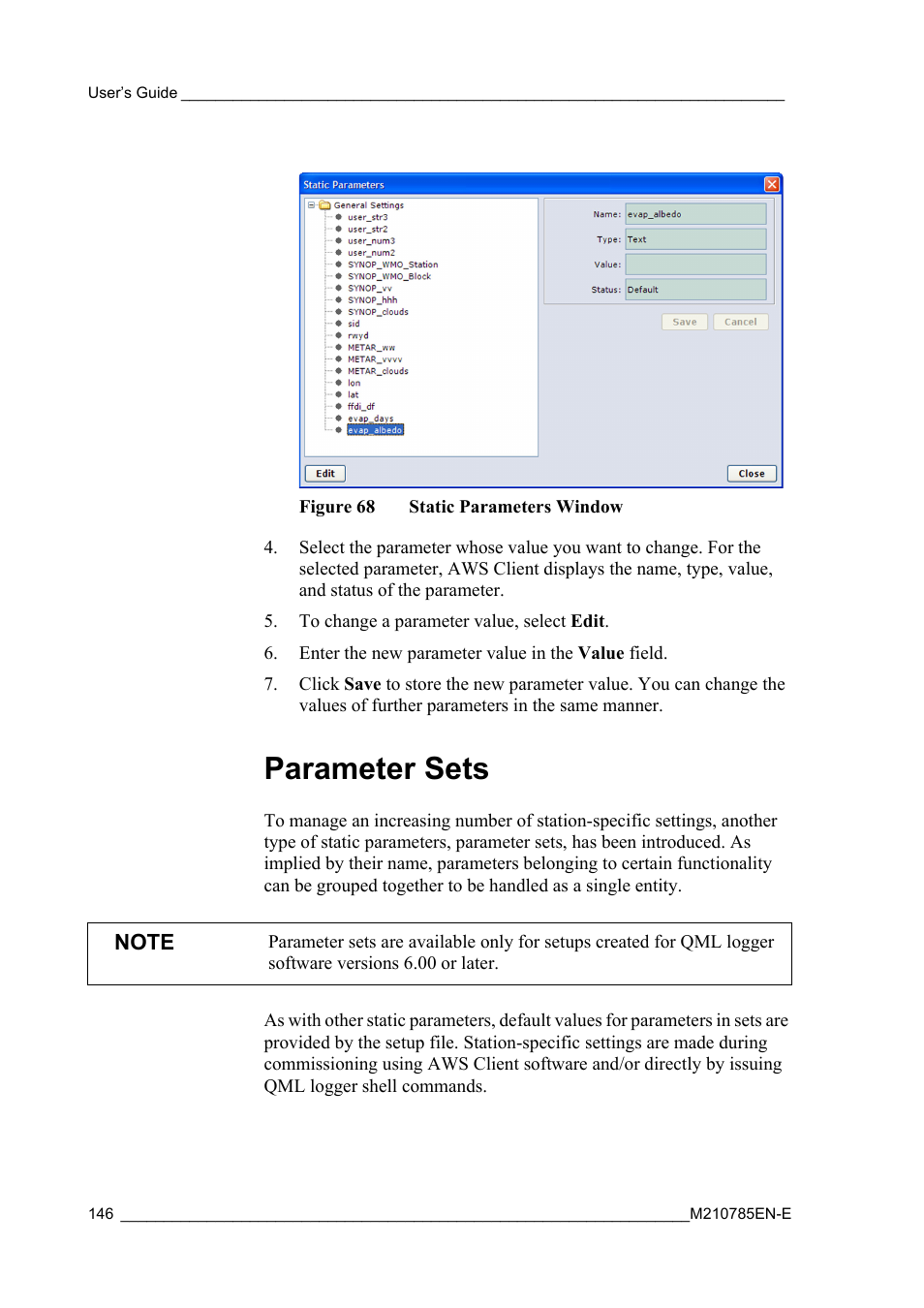 Parameter sets, Figure 68, Static parameters window | Vaisala Hydromet Data Collection Platform User Manual | Page 148 / 218