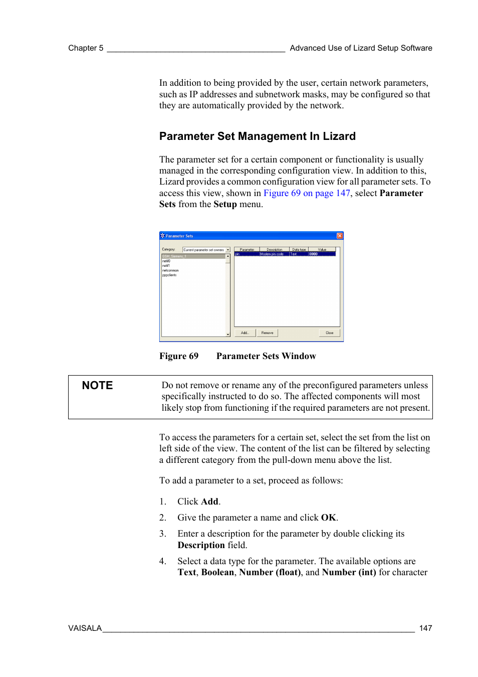 Parameter set management in lizard, Figure 69, Parameter sets window | Vaisala Hydromet Data Collection Platform User Manual | Page 149 / 218