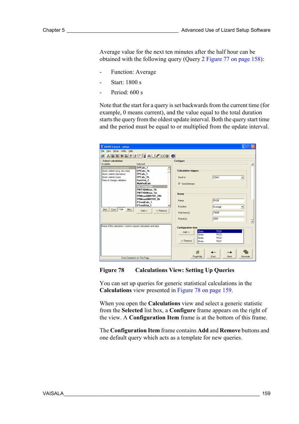 Figure 78, Calculations view: setting up queries | Vaisala Hydromet Data Collection Platform User Manual | Page 161 / 218