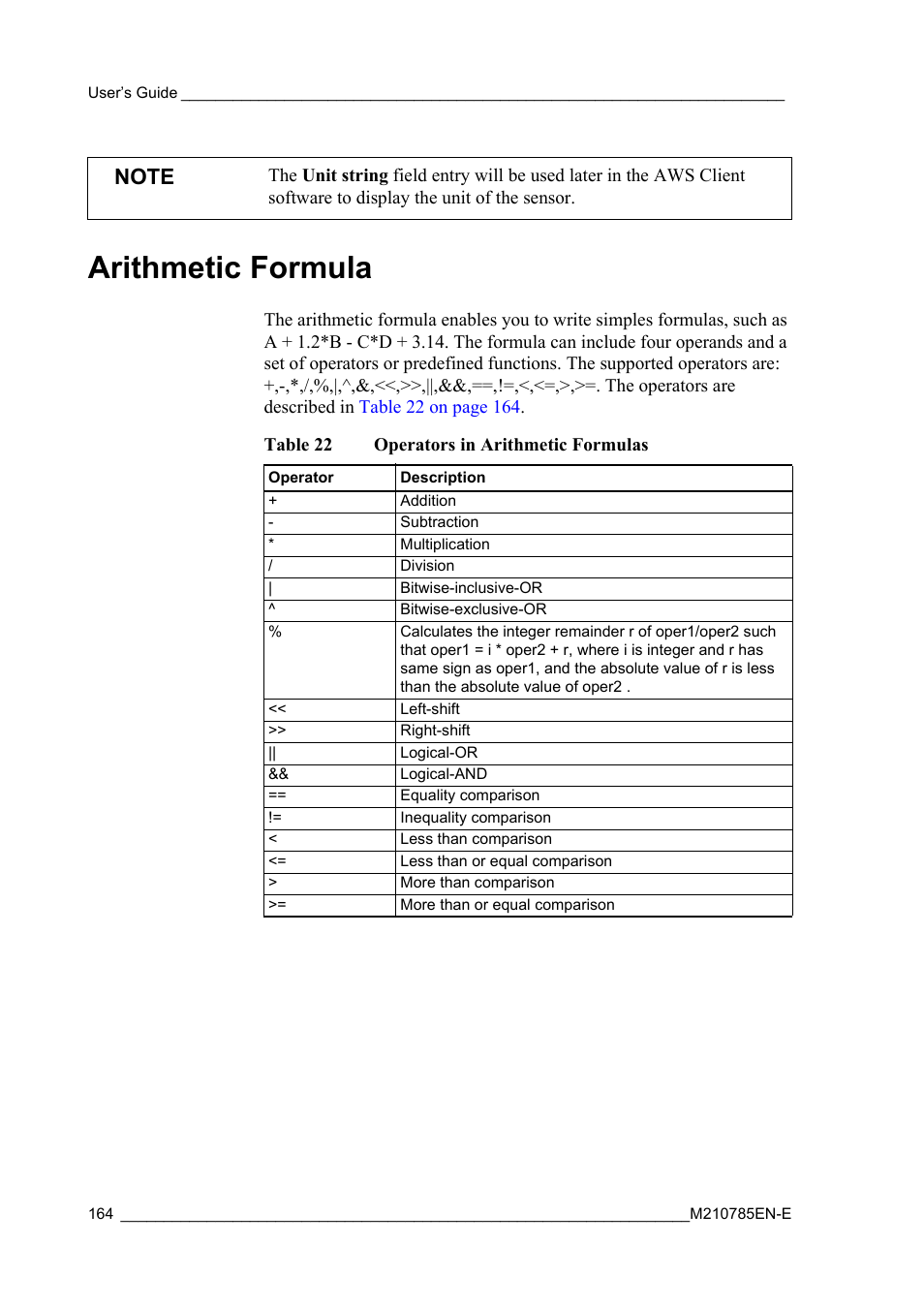 Arithmetic formula, Table 22, Operators in arithmetic formulas | Vaisala Hydromet Data Collection Platform User Manual | Page 166 / 218