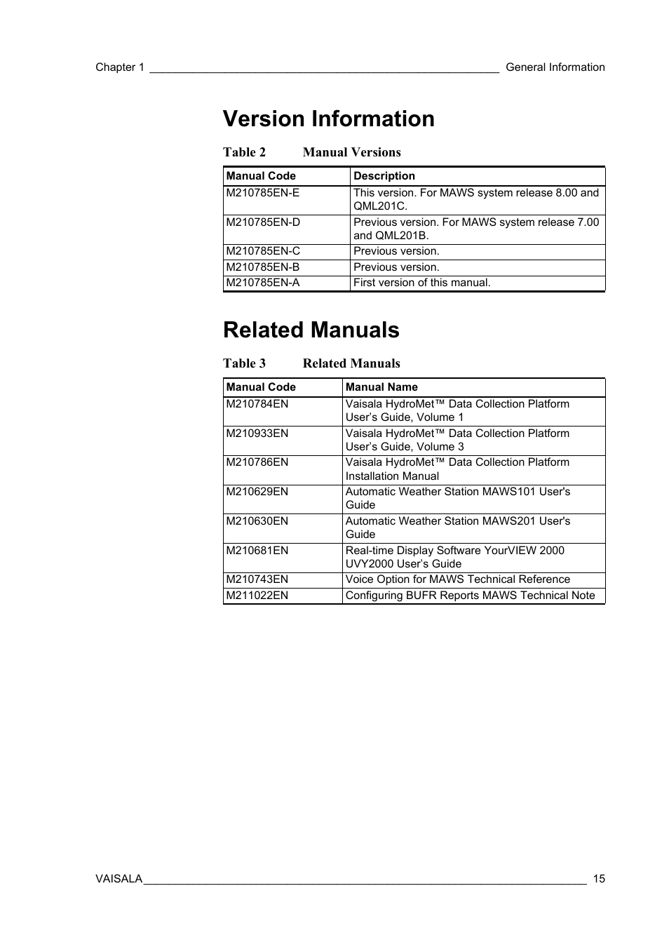 Version information, Related manuals, Version information related manuals | Table 2, Manual versions, Table 3 | Vaisala Hydromet Data Collection Platform User Manual | Page 17 / 218