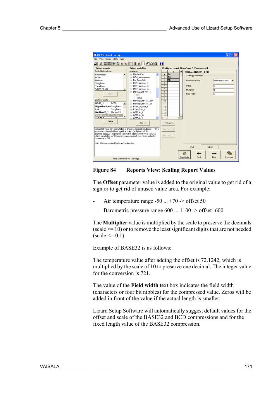 Figure 84, Reports view: scaling report values, As shown in | Figure | Vaisala Hydromet Data Collection Platform User Manual | Page 173 / 218