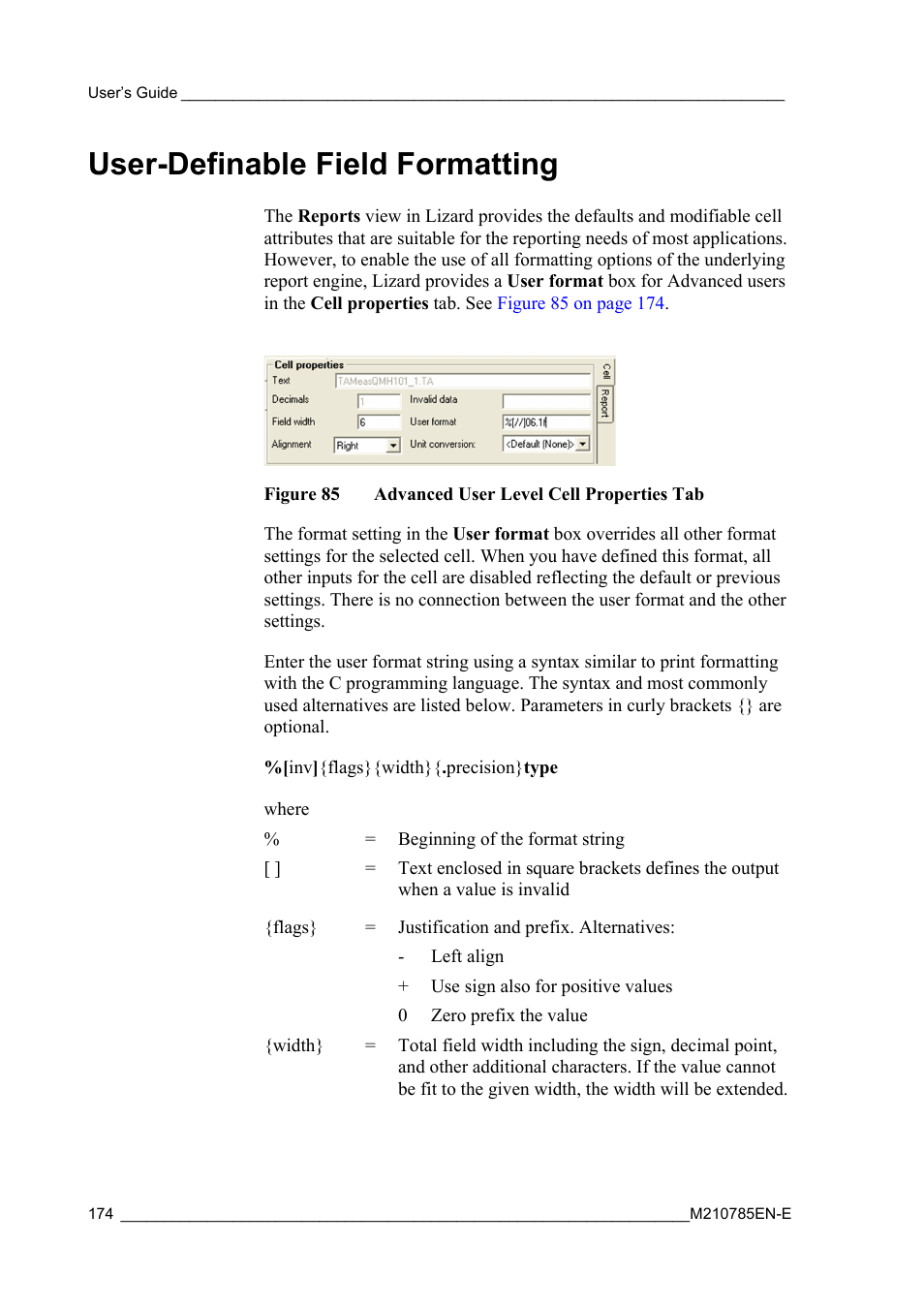 User-definable field formatting, Figure 85, Advanced user level cell properties tab | Vaisala Hydromet Data Collection Platform User Manual | Page 176 / 218