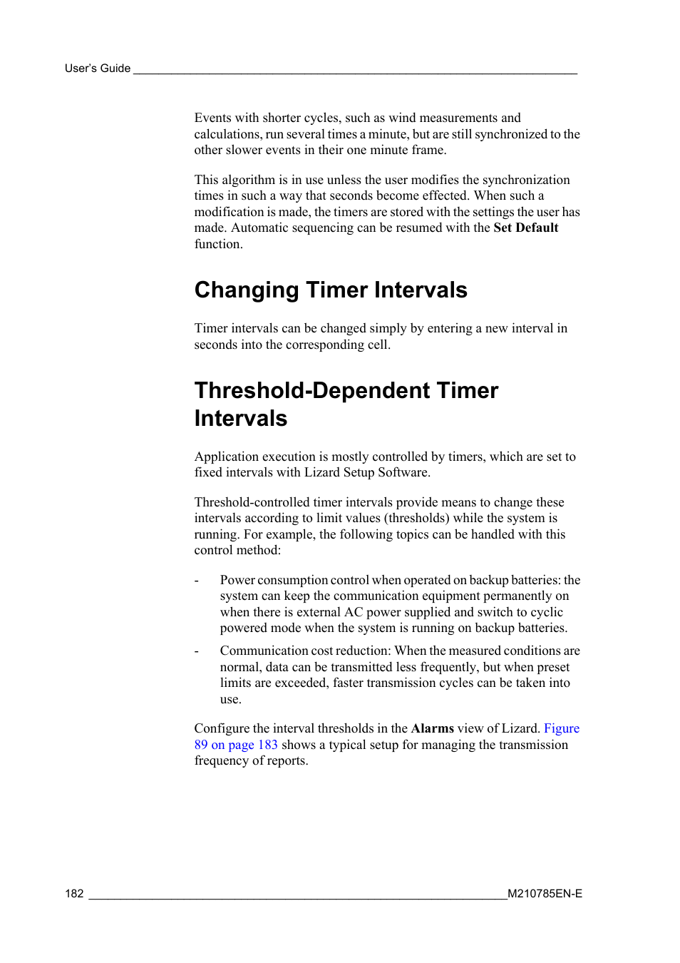 Changing timer intervals, Threshold-dependent timer intervals | Vaisala Hydromet Data Collection Platform User Manual | Page 184 / 218