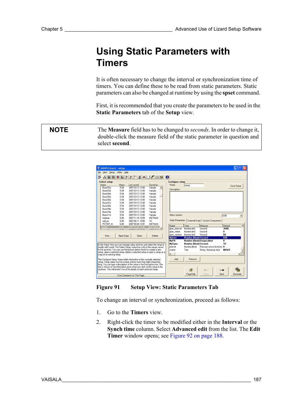 Using static parameters with timers, Figure 91, Setup view: static parameters tab | Vaisala Hydromet Data Collection Platform User Manual | Page 189 / 218