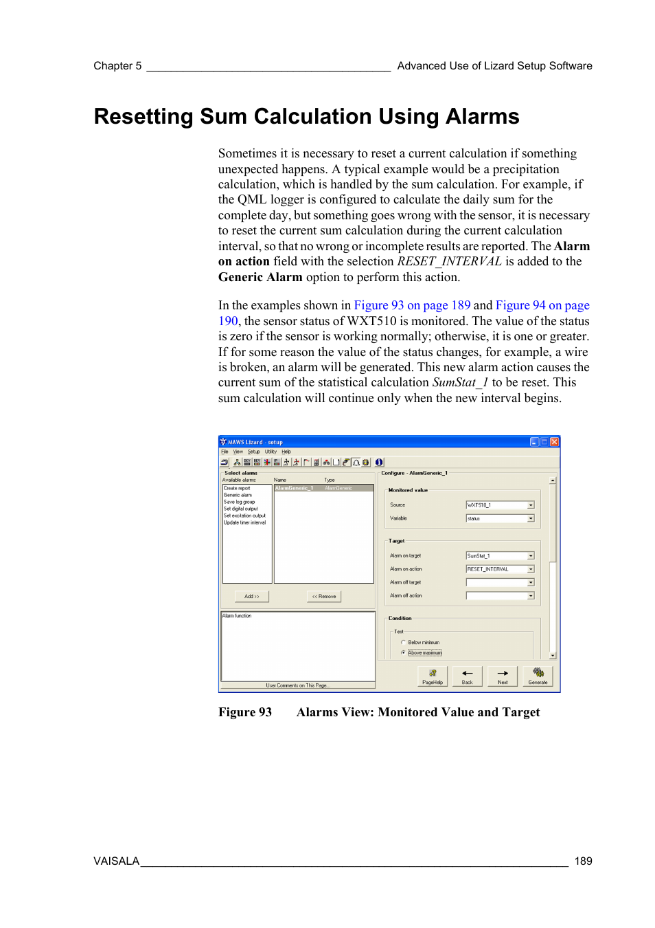 Resetting sum calculation using alarms, Figure 93, Alarms view: monitored value and target | Vaisala Hydromet Data Collection Platform User Manual | Page 191 / 218