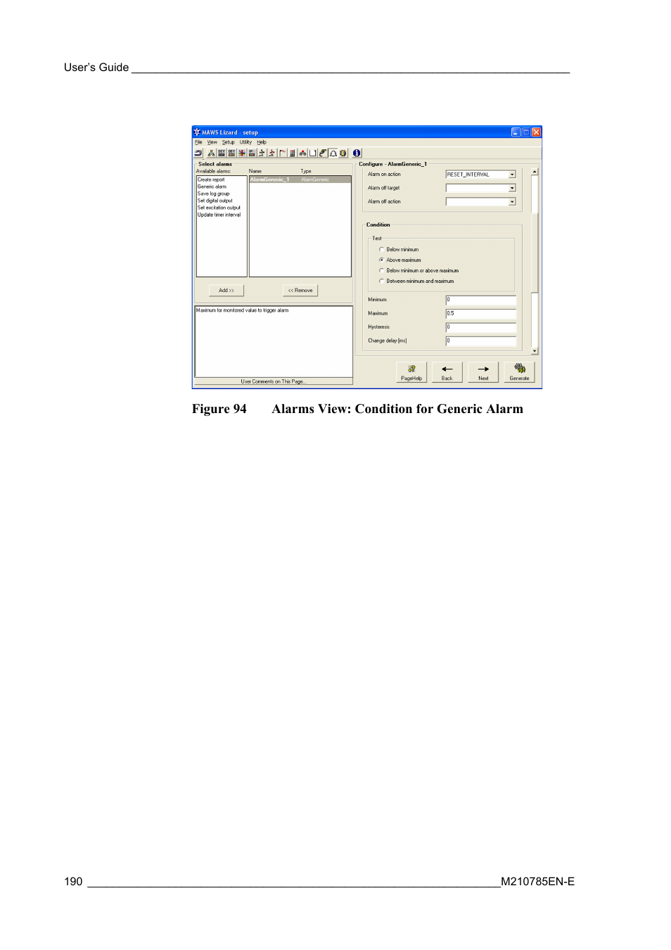 Figure 94, Alarms view: condition for generic alarm, The sensor status of wxt510 is | Figure 94 alarms view: condition for generic alarm | Vaisala Hydromet Data Collection Platform User Manual | Page 192 / 218