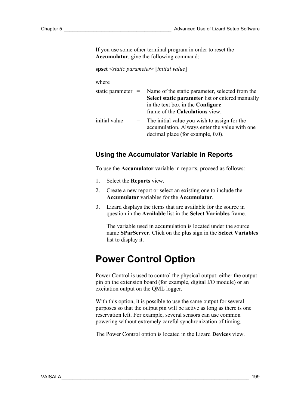 Using the accumulator variable in reports, Power control option | Vaisala Hydromet Data Collection Platform User Manual | Page 201 / 218