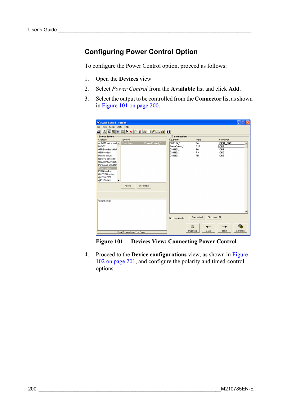 Configuring power control option, Figure 101 devices view: connecting power control | Vaisala Hydromet Data Collection Platform User Manual | Page 202 / 218