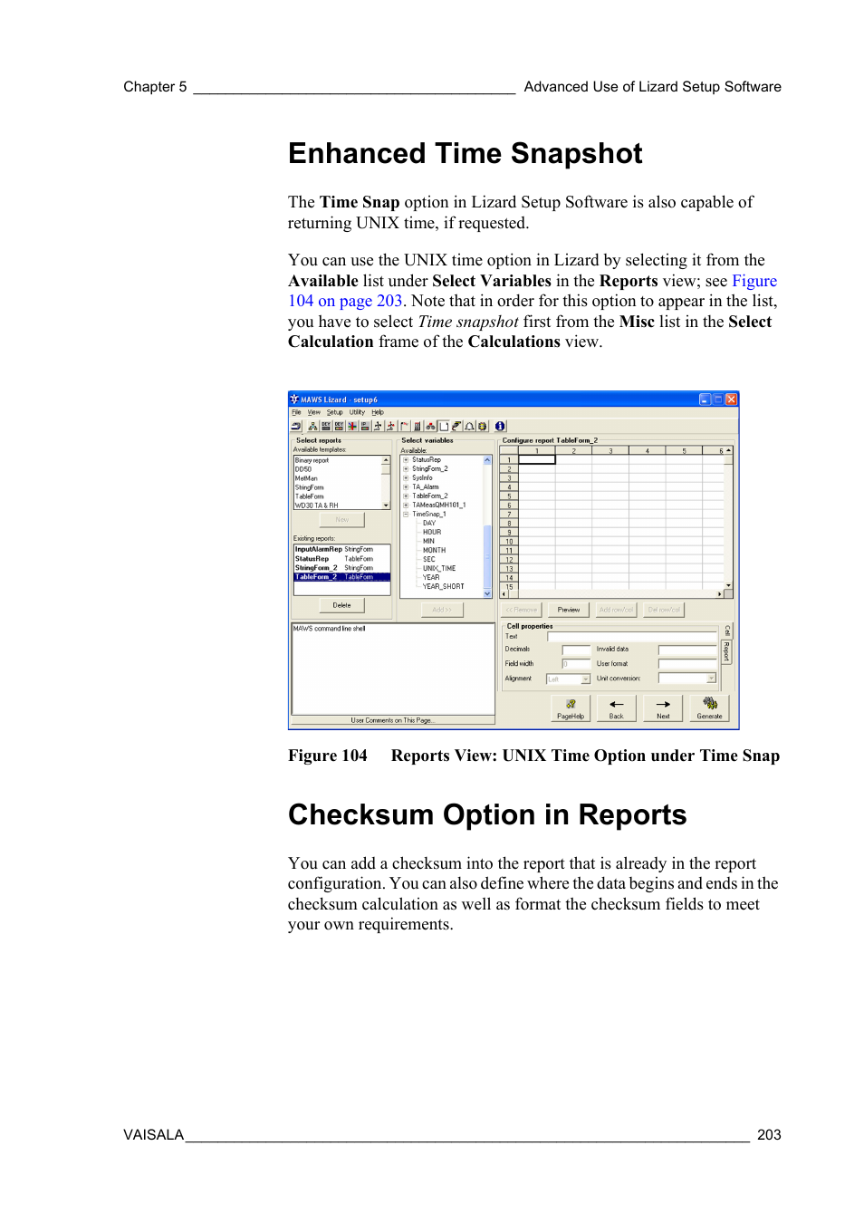 Enhanced time snapshot, Checksum option in reports, Enhanced time snapshot checksum option in reports | For information on checksums, see section, Checksum option in, Checksum report, see section, Checksum | Vaisala Hydromet Data Collection Platform User Manual | Page 205 / 218
