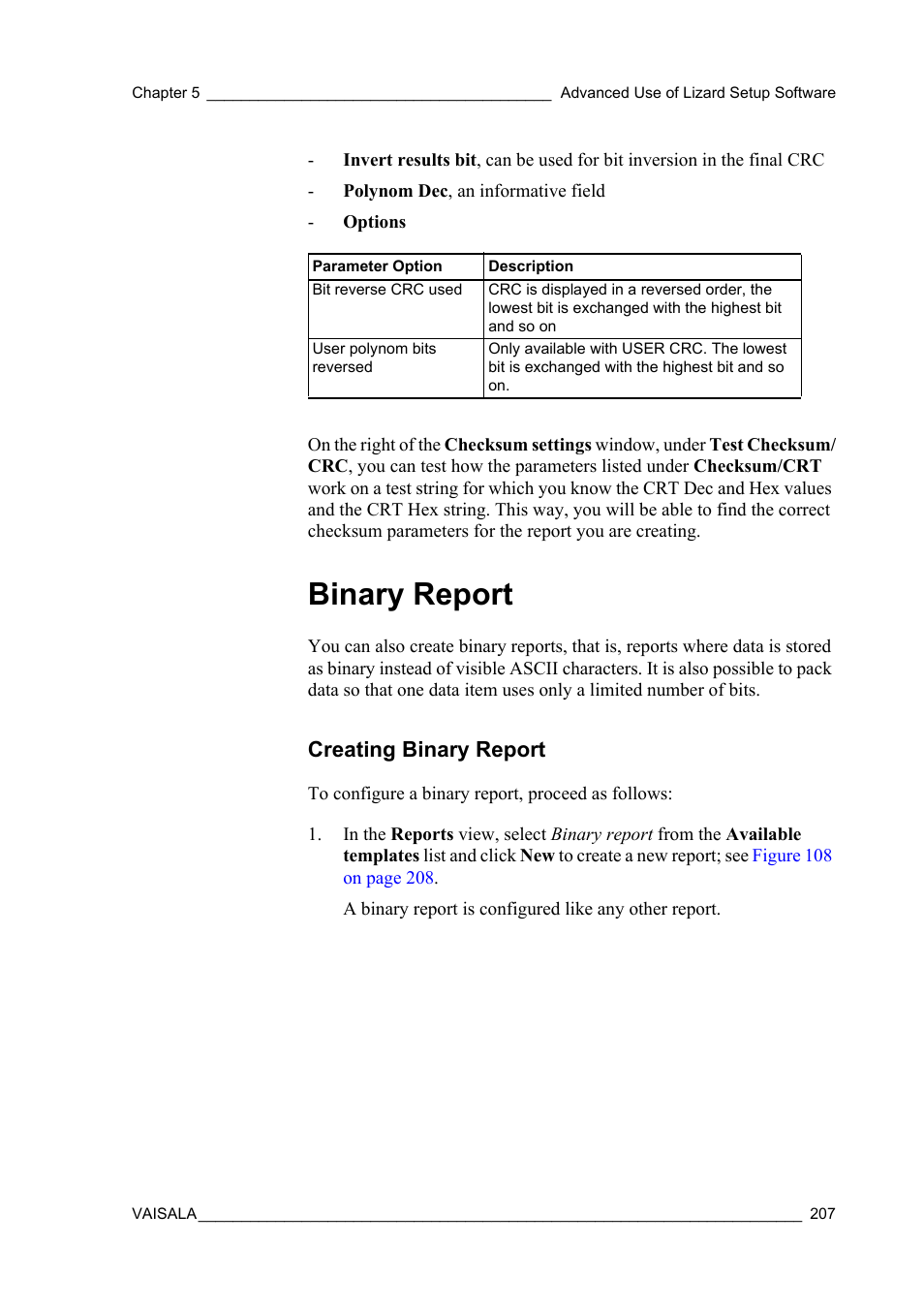 Binary report, Creating binary report, Binary | Vaisala Hydromet Data Collection Platform User Manual | Page 209 / 218