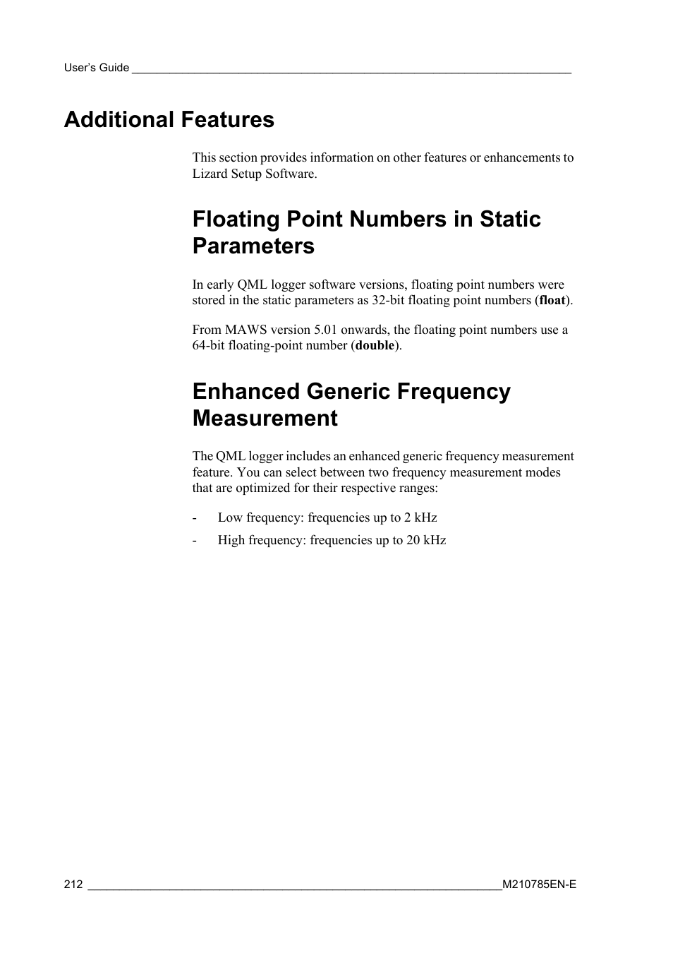 Additional features, Floating point numbers in static parameters, Enhanced generic frequency measurement | Vaisala Hydromet Data Collection Platform User Manual | Page 214 / 218