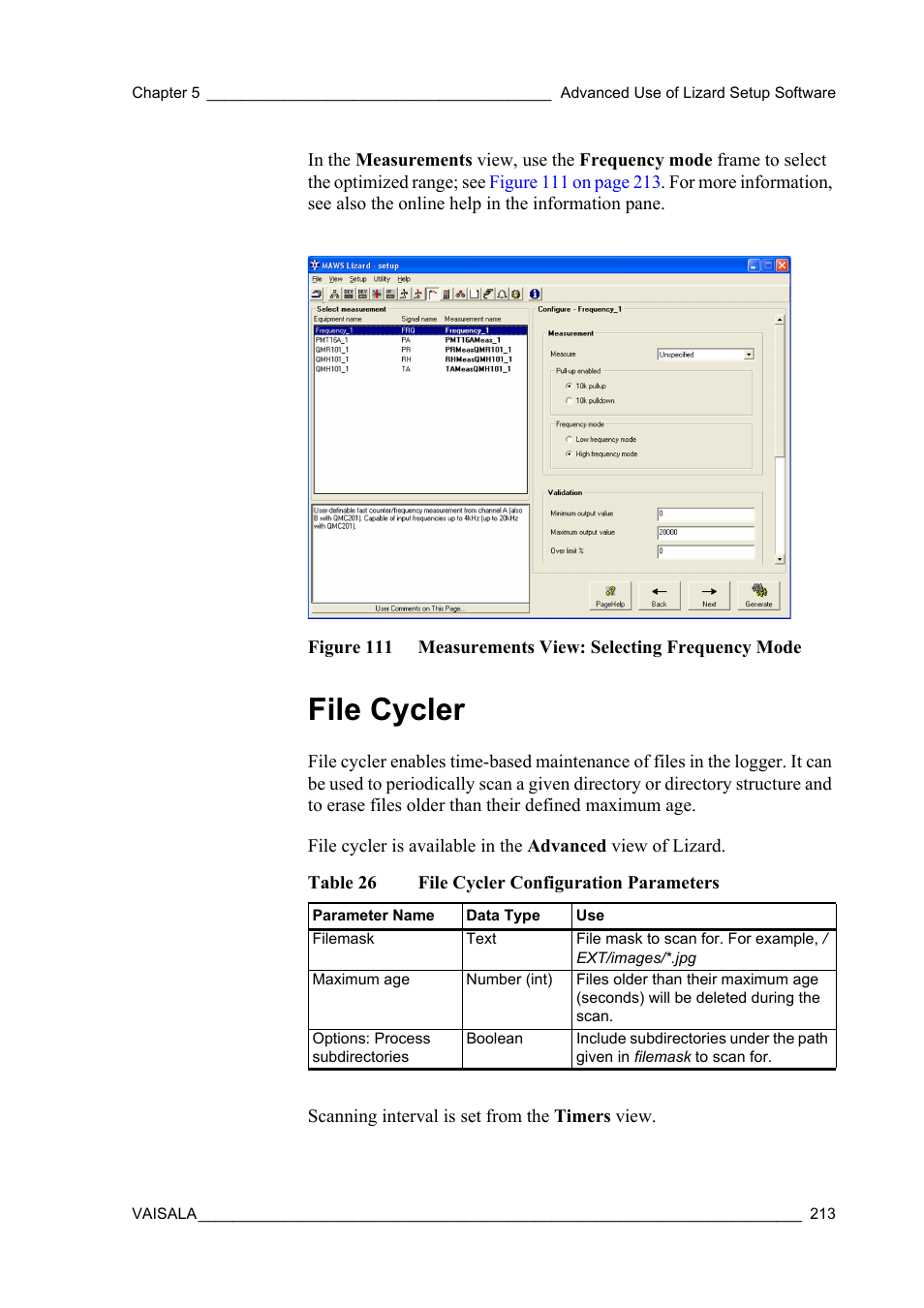 File cycler, Table 26, File cycler configuration parameters | Vaisala Hydromet Data Collection Platform User Manual | Page 215 / 218
