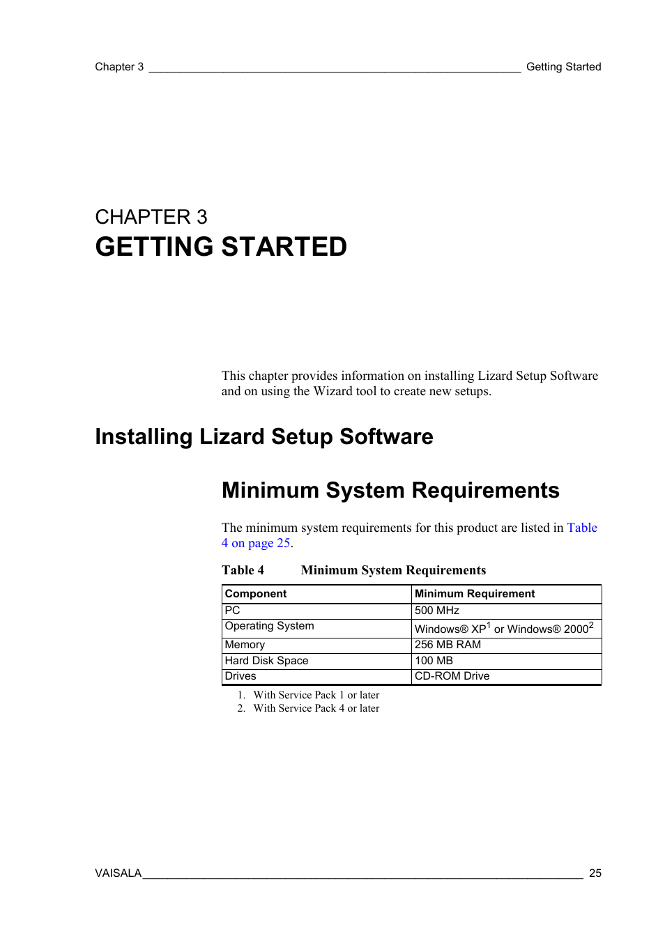 Chapter 3 getting started, Installing lizard setup software, Minimum system requirements | Chapter 3, Table 4, Getting started | Vaisala Hydromet Data Collection Platform User Manual | Page 27 / 218
