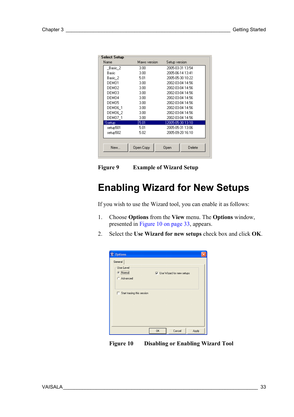 Enabling wizard for new setups, Figure 9, Example of wizard setup | Figure 10, Disabling or enabling wizard tool, Ction | Vaisala Hydromet Data Collection Platform User Manual | Page 35 / 218