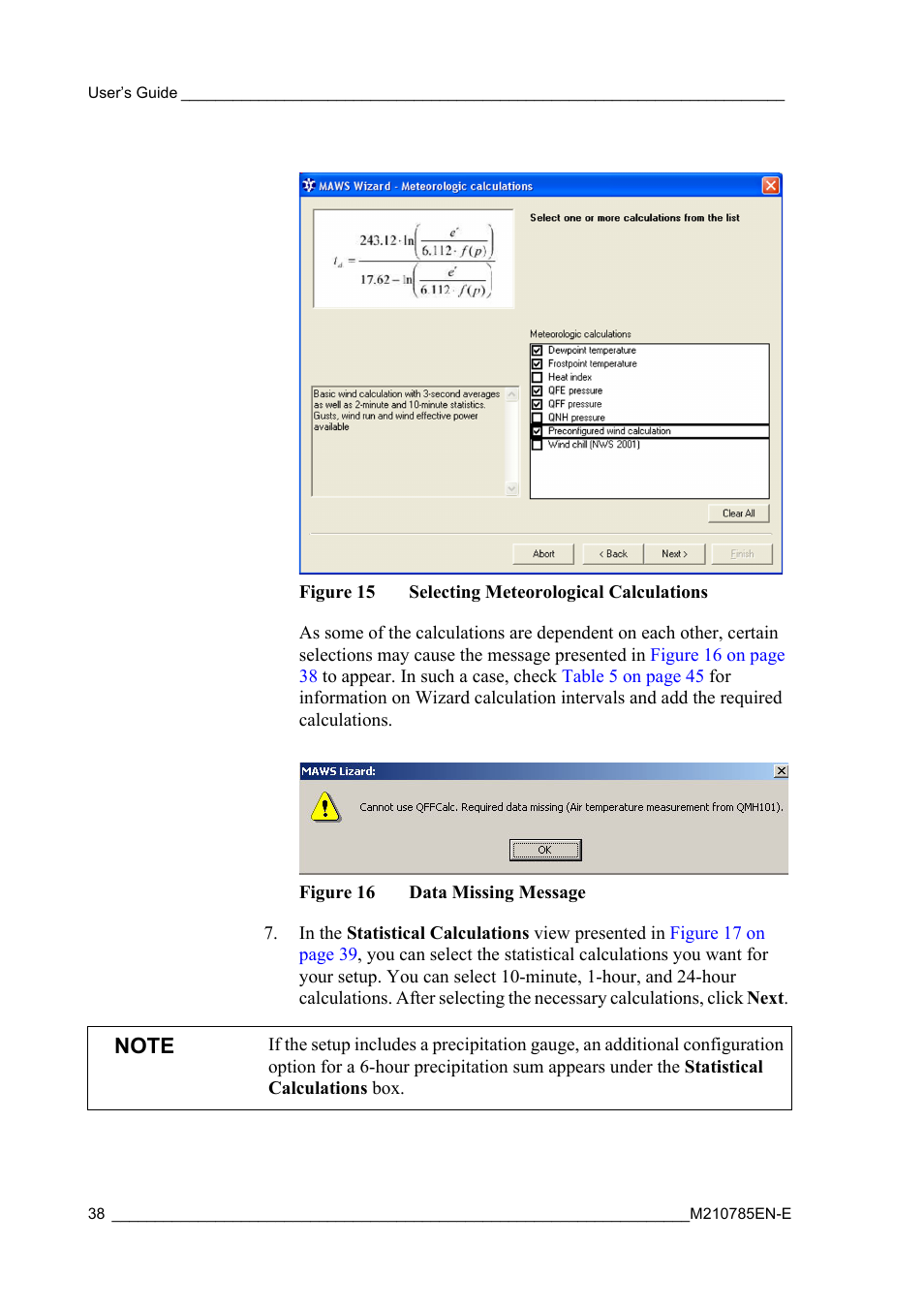 Figure 15, Selecting meteorological calculations, Figure 16 | Data missing message | Vaisala Hydromet Data Collection Platform User Manual | Page 40 / 218