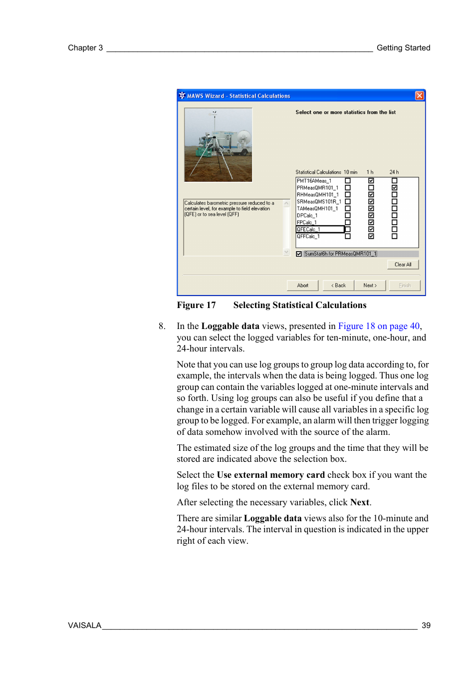 Figure 17, Selecting statistical calculations, View presented in | Figure 17 on | Vaisala Hydromet Data Collection Platform User Manual | Page 41 / 218