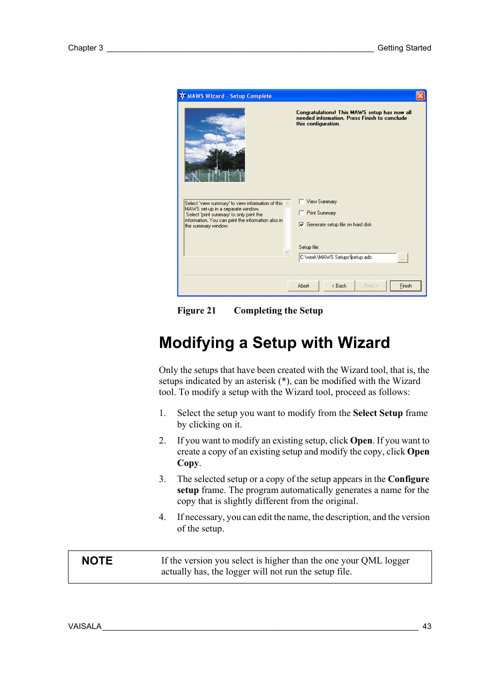 Modifying a setup with wizard, Figure 21, Completing the setup | Vaisala Hydromet Data Collection Platform User Manual | Page 45 / 218