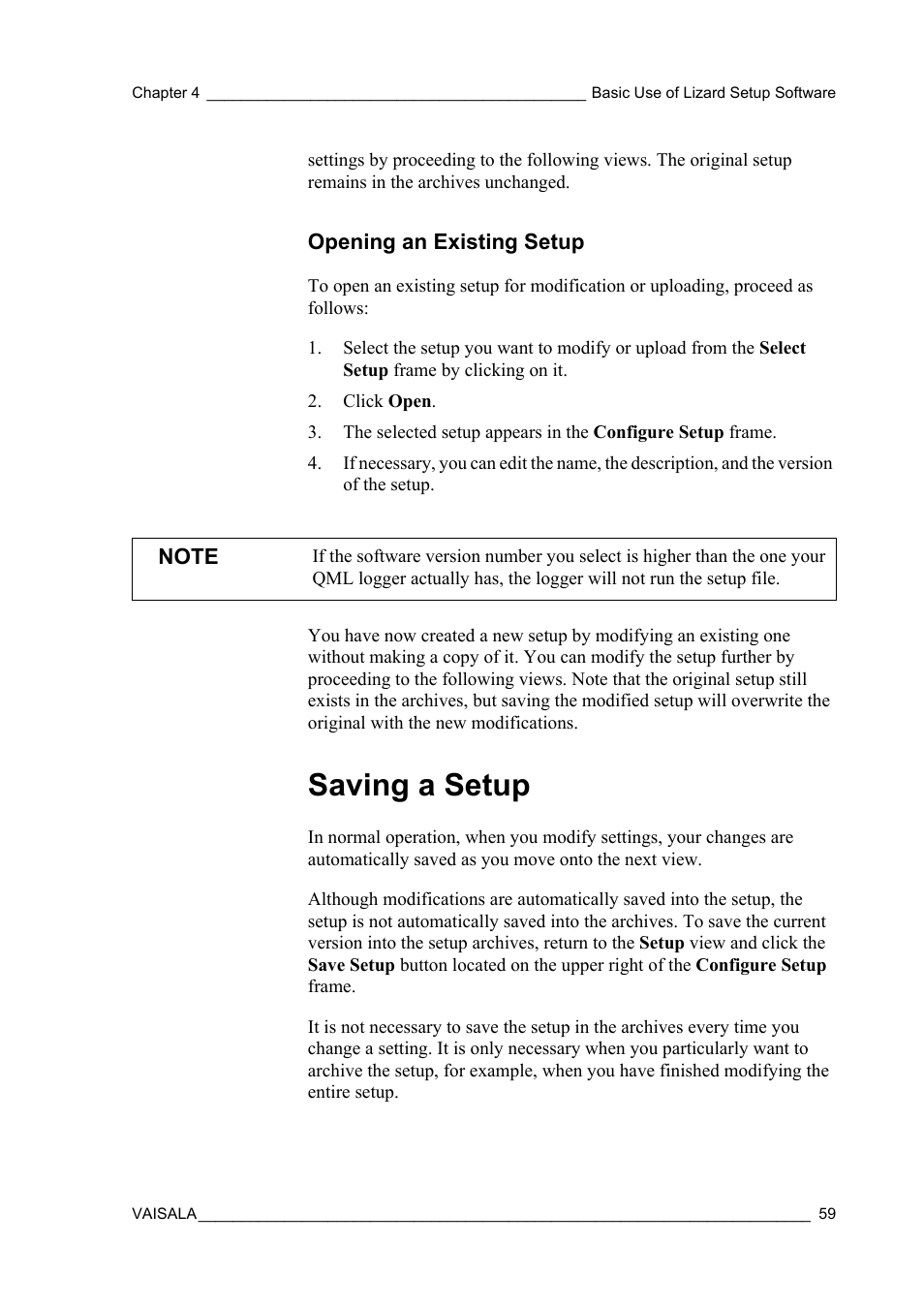 Opening an existing setup, Saving a setup | Vaisala Hydromet Data Collection Platform User Manual | Page 61 / 218