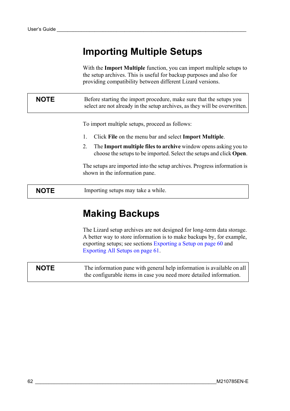 Importing multiple setups, Making backups, Importing multiple setups making backups | Functions, which are discussed in sections, Importing | Vaisala Hydromet Data Collection Platform User Manual | Page 64 / 218