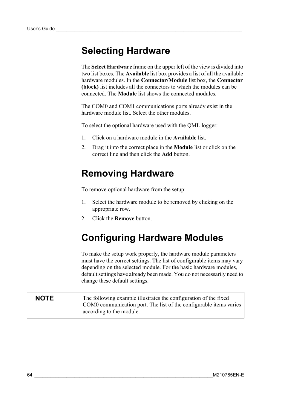 Selecting hardware, Removing hardware, Configuring hardware modules | Vaisala Hydromet Data Collection Platform User Manual | Page 66 / 218