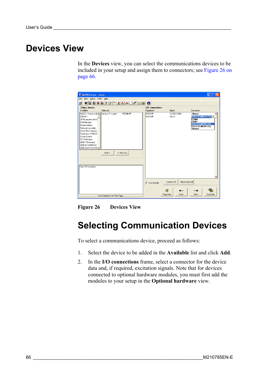 Devices view, Selecting communication devices, Figure 26 | See section | Vaisala Hydromet Data Collection Platform User Manual | Page 68 / 218