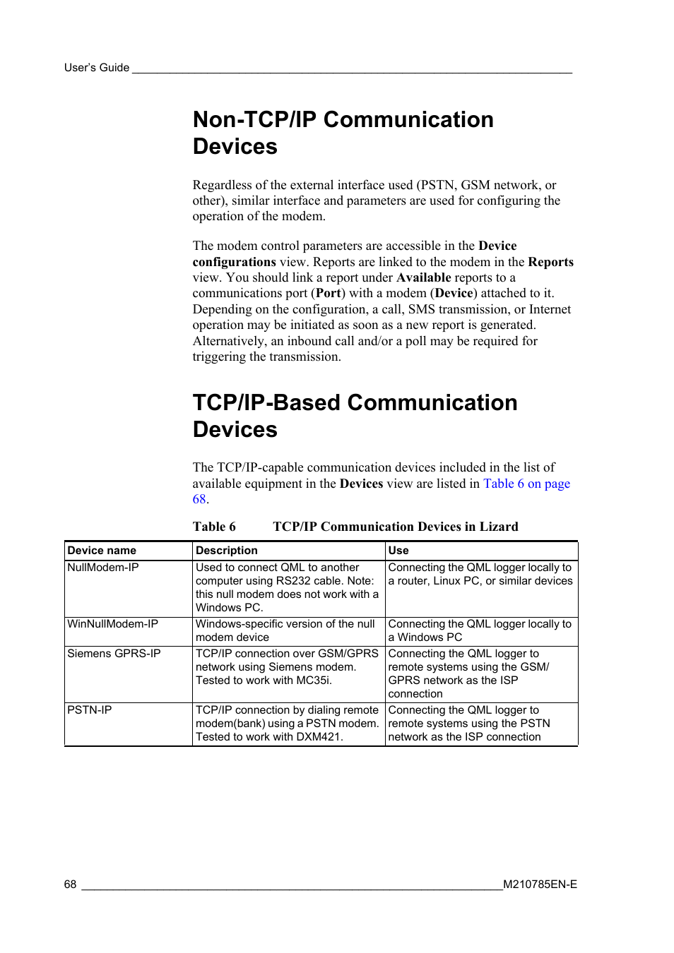 Non-tcp/ip communication devices, Tcp/ip-based communication devices, Table 6 | Tcp/ip communication devices in lizard | Vaisala Hydromet Data Collection Platform User Manual | Page 70 / 218