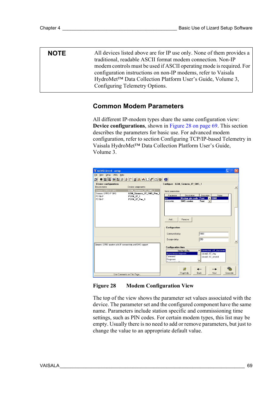 Common modem parameters, Figure 28, Modem configuration view | Vaisala Hydromet Data Collection Platform User Manual | Page 71 / 218