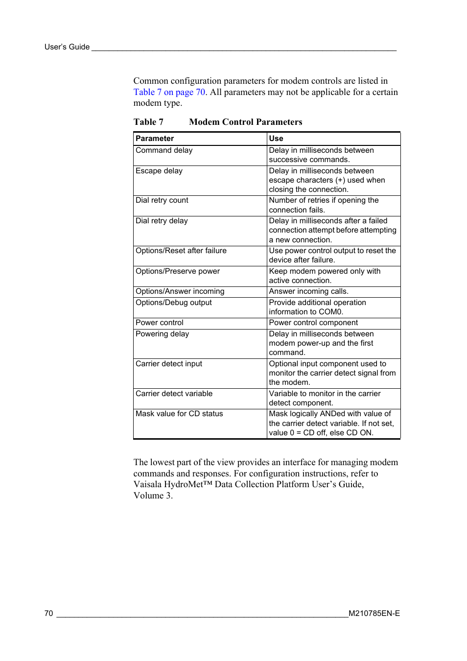 Table 7, Modem control parameters | Vaisala Hydromet Data Collection Platform User Manual | Page 72 / 218