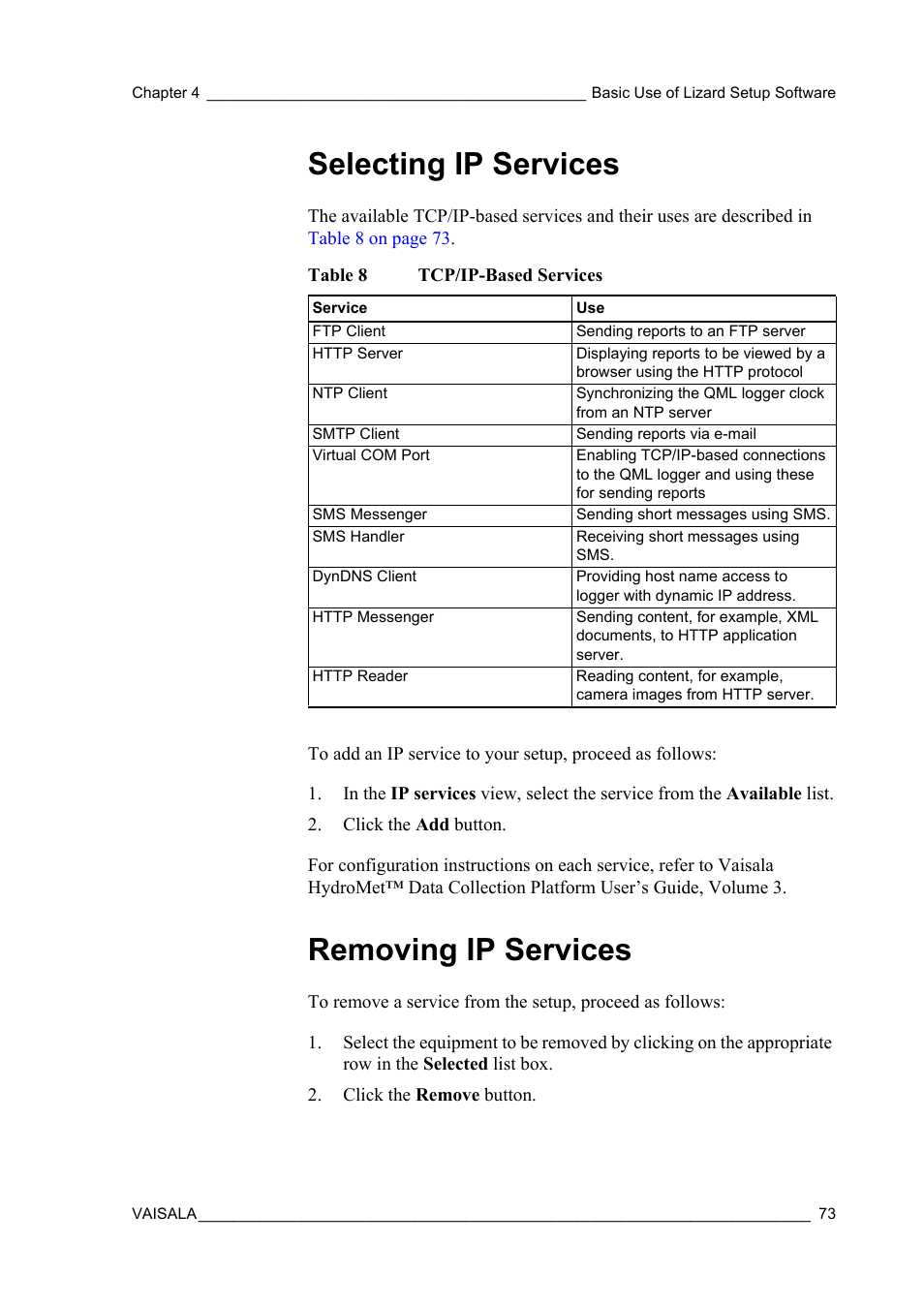 Selecting ip services, Removing ip services, Selecting ip services removing ip services | Table 8, Tcp/ip-based services | Vaisala Hydromet Data Collection Platform User Manual | Page 75 / 218